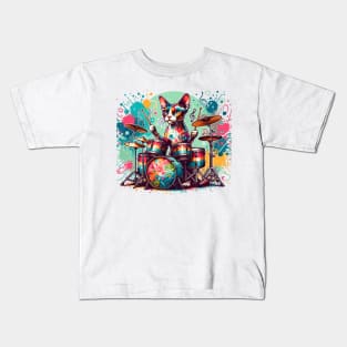 Devon Rex Cat Playing Drums Kids T-Shirt